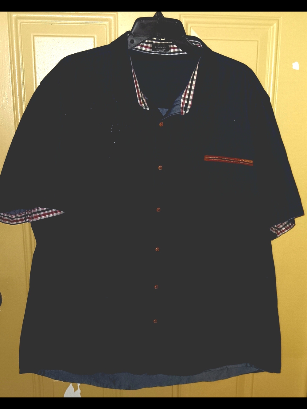 Coofandy Men's Short-Sleeve Button-Down Denim Shirt with Plaid Trim
